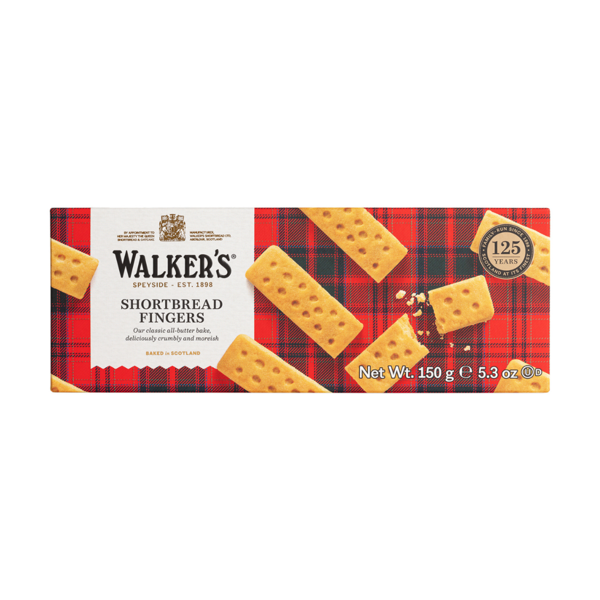 Box of Walker's Shortbread Fingers on a red plaid pattern