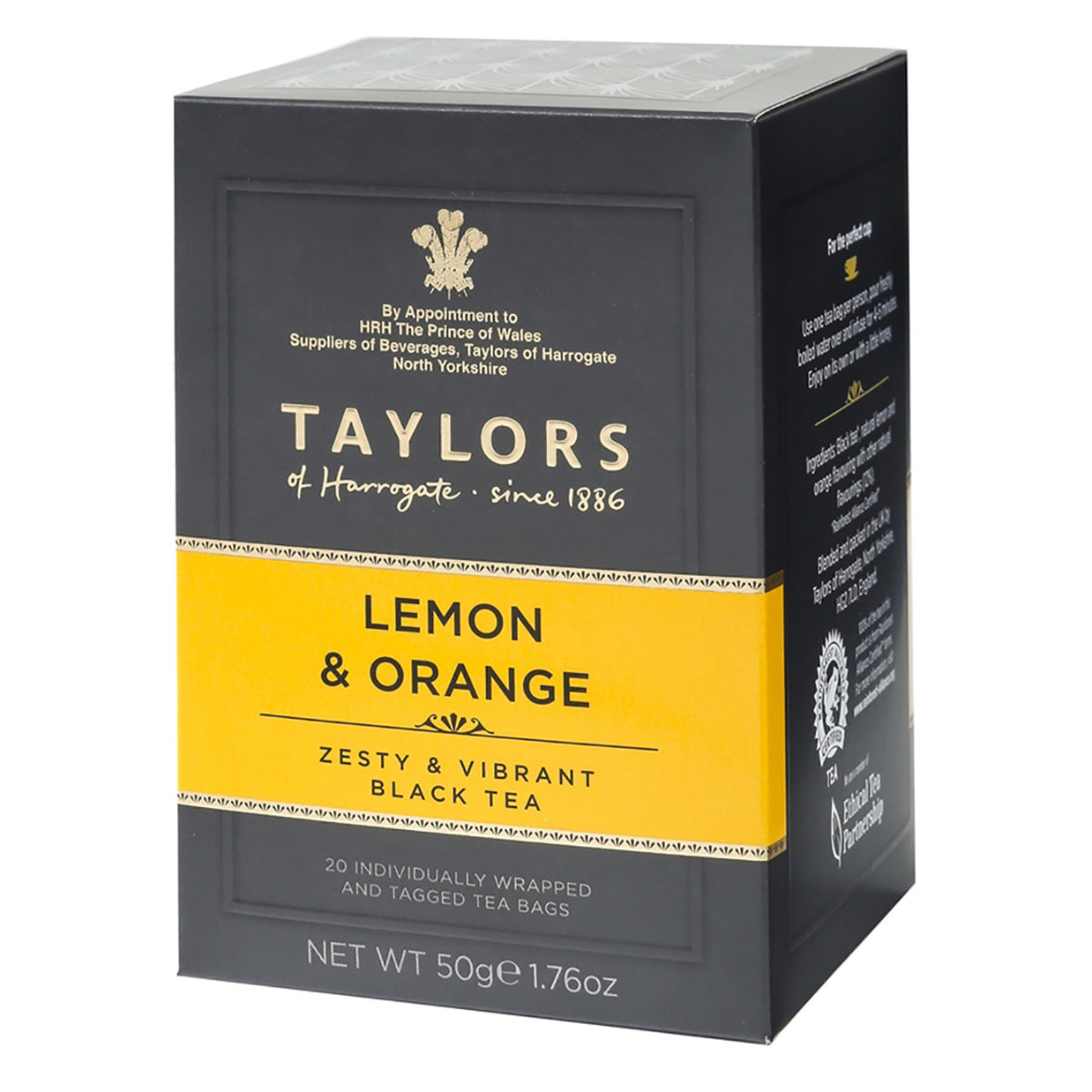 Box of Taylors of Harrogate Lemon & Orange black tea on a white background