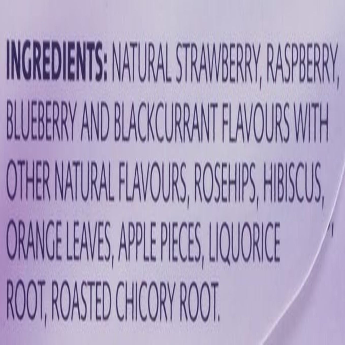 List of ingredients on a label with a purple background