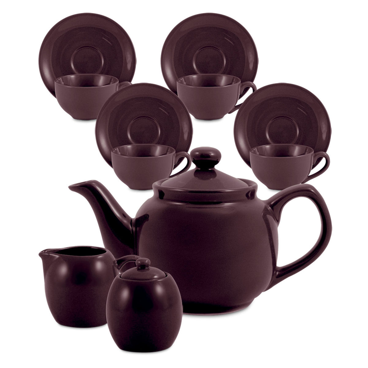 Brown ceramic teapot set with teacups and saucers on a white background
