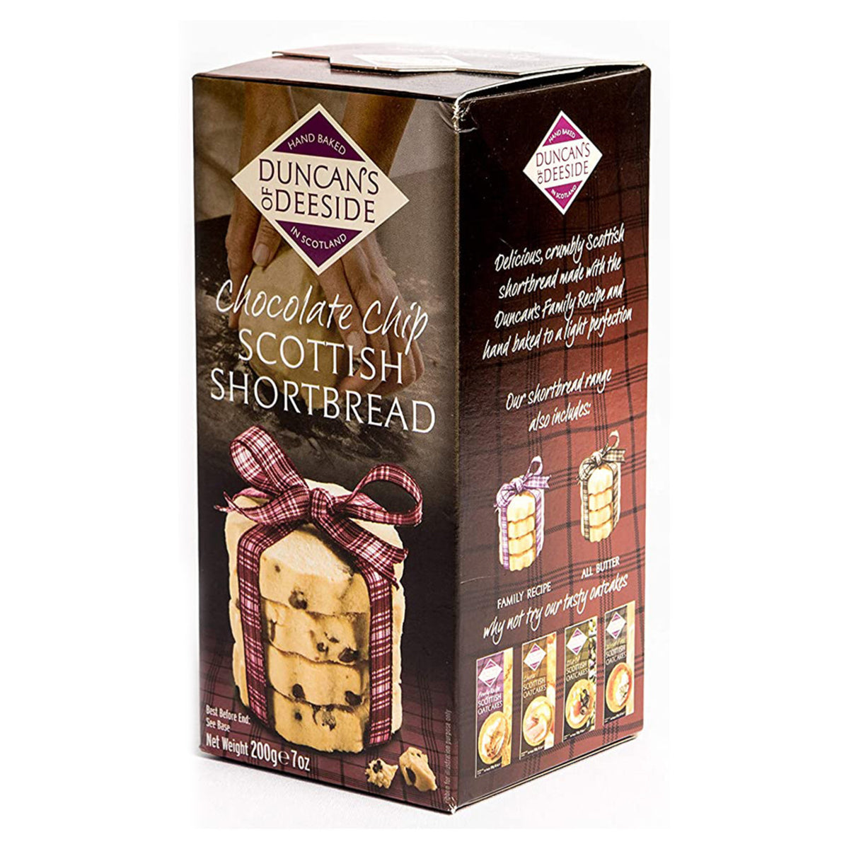 Box of Duncan's Deeside Chocolate Chip Scottish Shortbread with a plaid ribbon on a white background