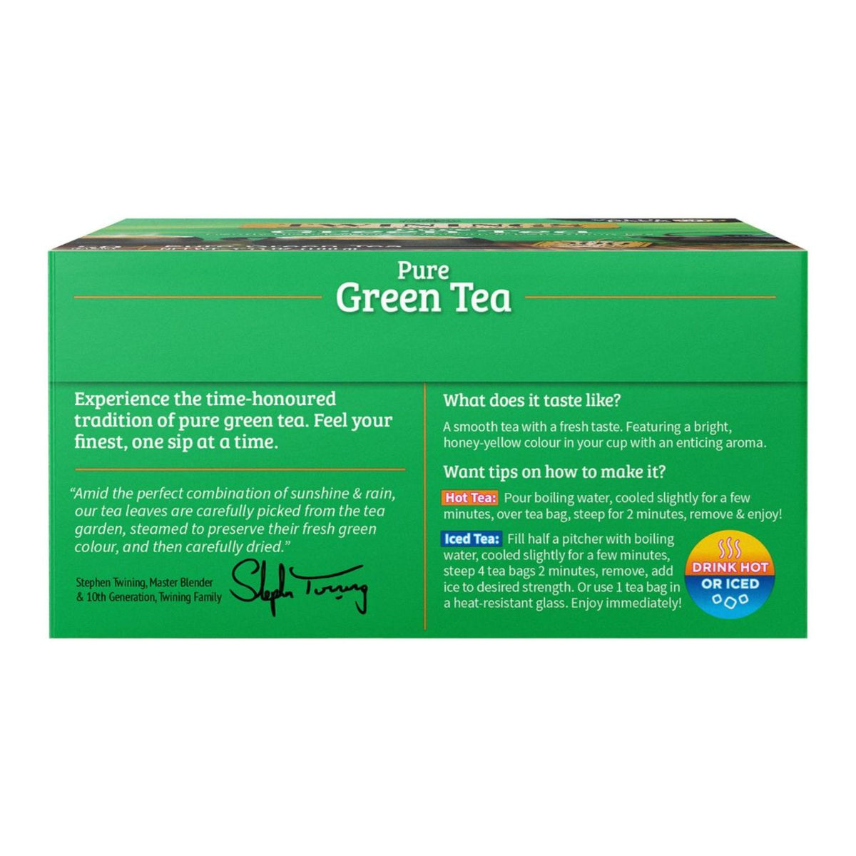 Side view of a box of Twinings Pure Green Tea on a white background