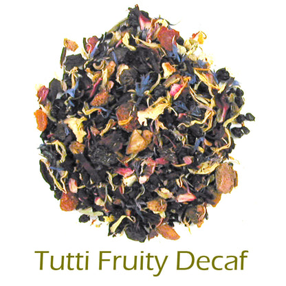 Tutti Fruity Decaf loose-leaf tea on a white background with product name caption