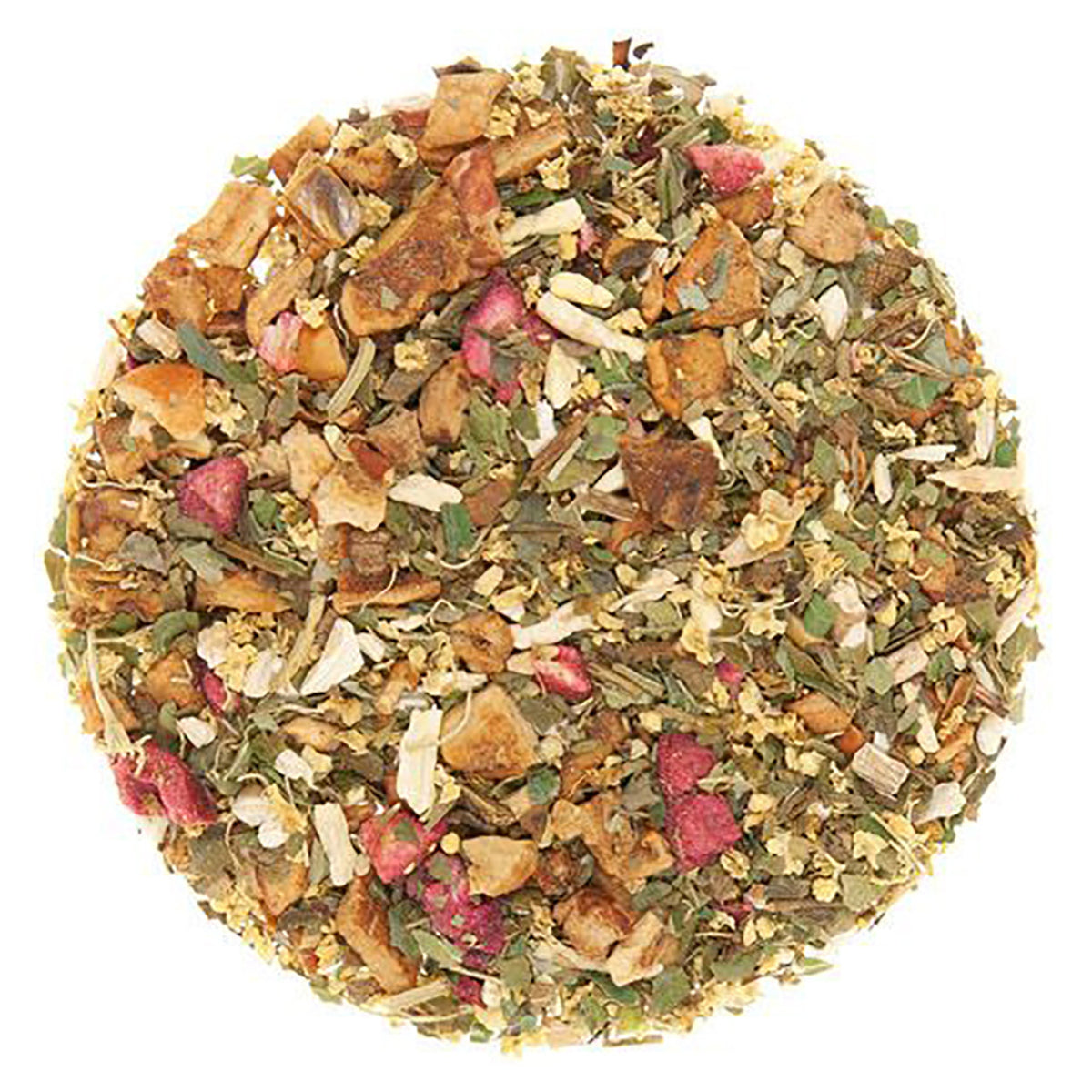 Winter Cherry Flavored herbal tea in a circular assortment with visible leaves and flowers on a white background