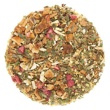 Winter Cherry Flavored herbal tea in a circular assortment with visible leaves and flowers on a white background