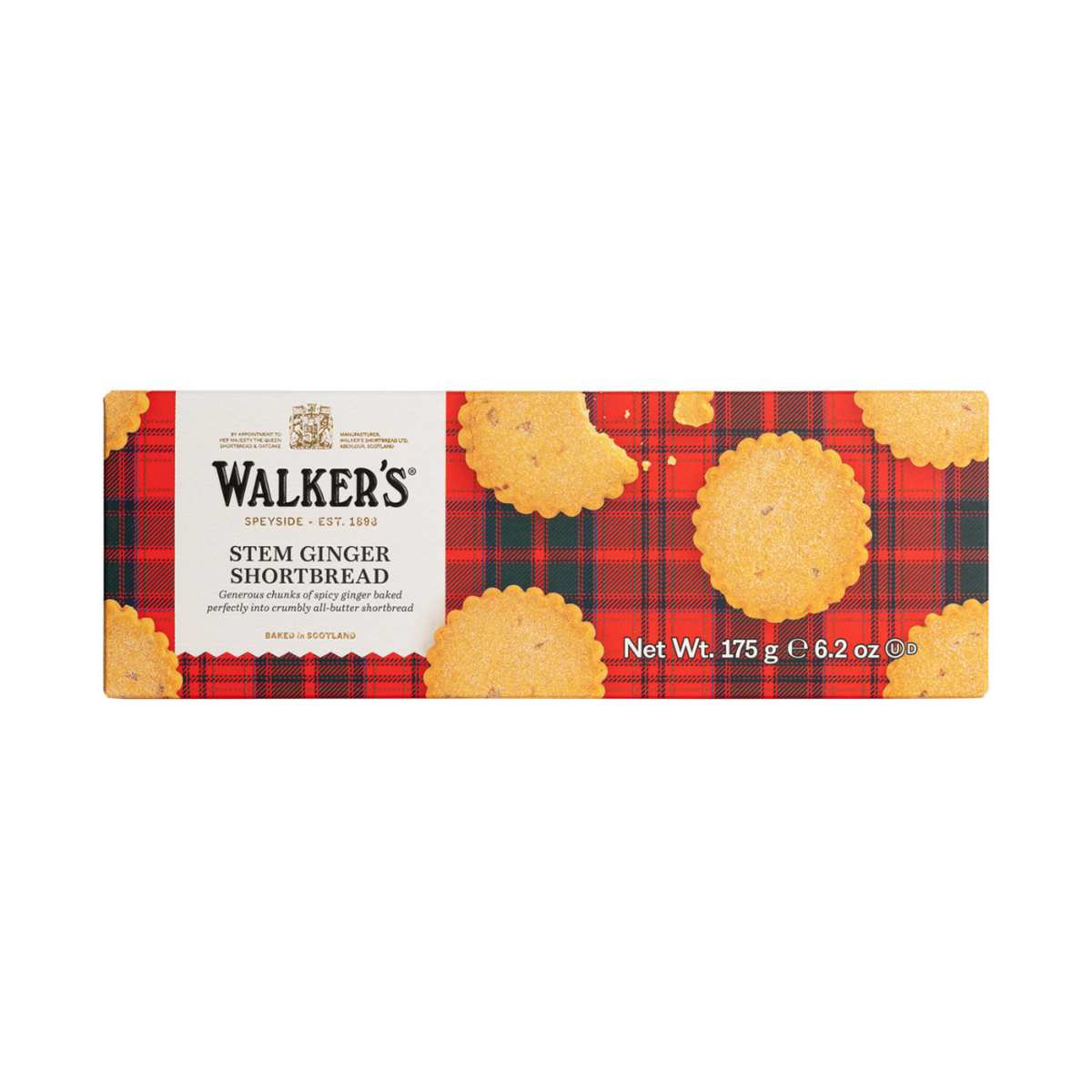Box of Walker's Stem Ginger Shortbread with a red plaid pattern on a white background