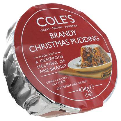 Packaged brandy Christmas pudding with red label and silver foil wrapping.