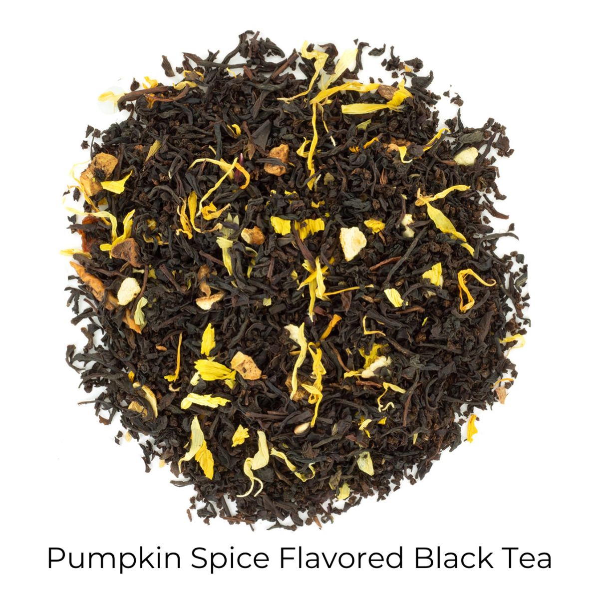 Pumpkin Spice Flavored Black loose-leaf tea in a circular pattern on a white background with product name callout at the bottom
