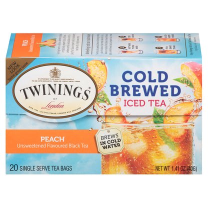 Box of Twinings Cold Brewed Peach flavored Iced Tea 20 count teabags.