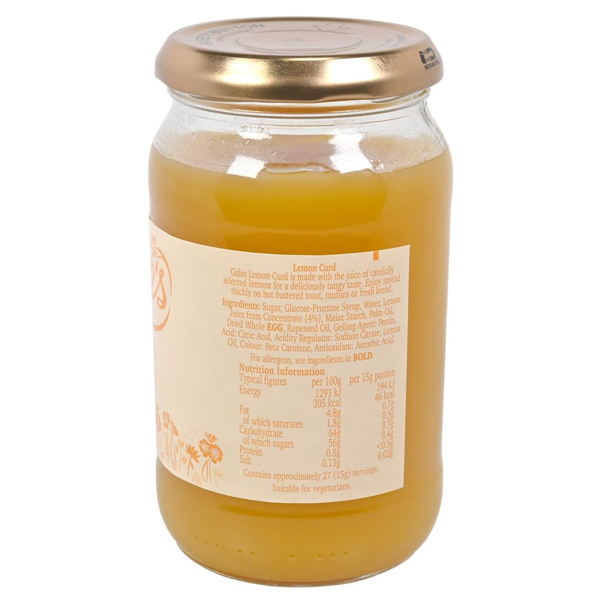 Side view of a jar of Gale's Lemon Curd with a gold lid on a white background