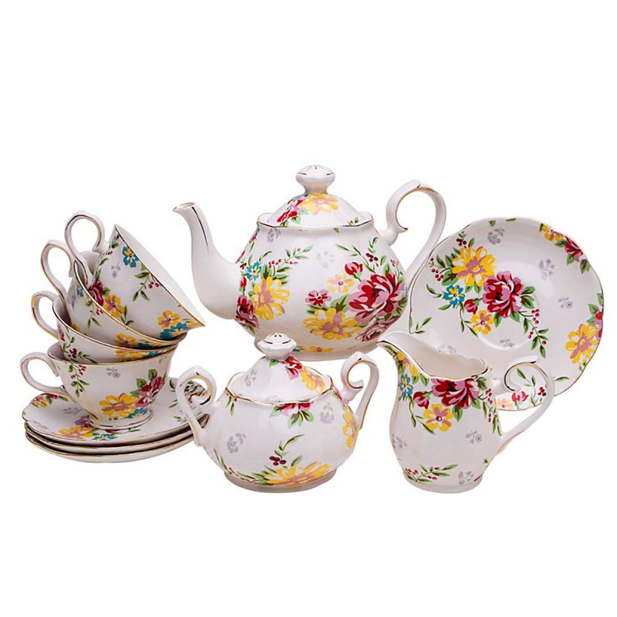 Floral shabby rose porcelain tea set on a white background