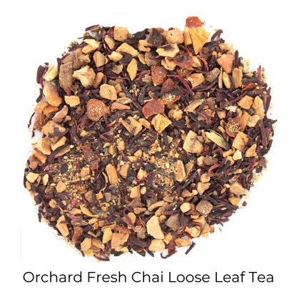 Orchard Fresh Chai loose-leaf tea in a circular pattern on a white background with product name callout at the bottom