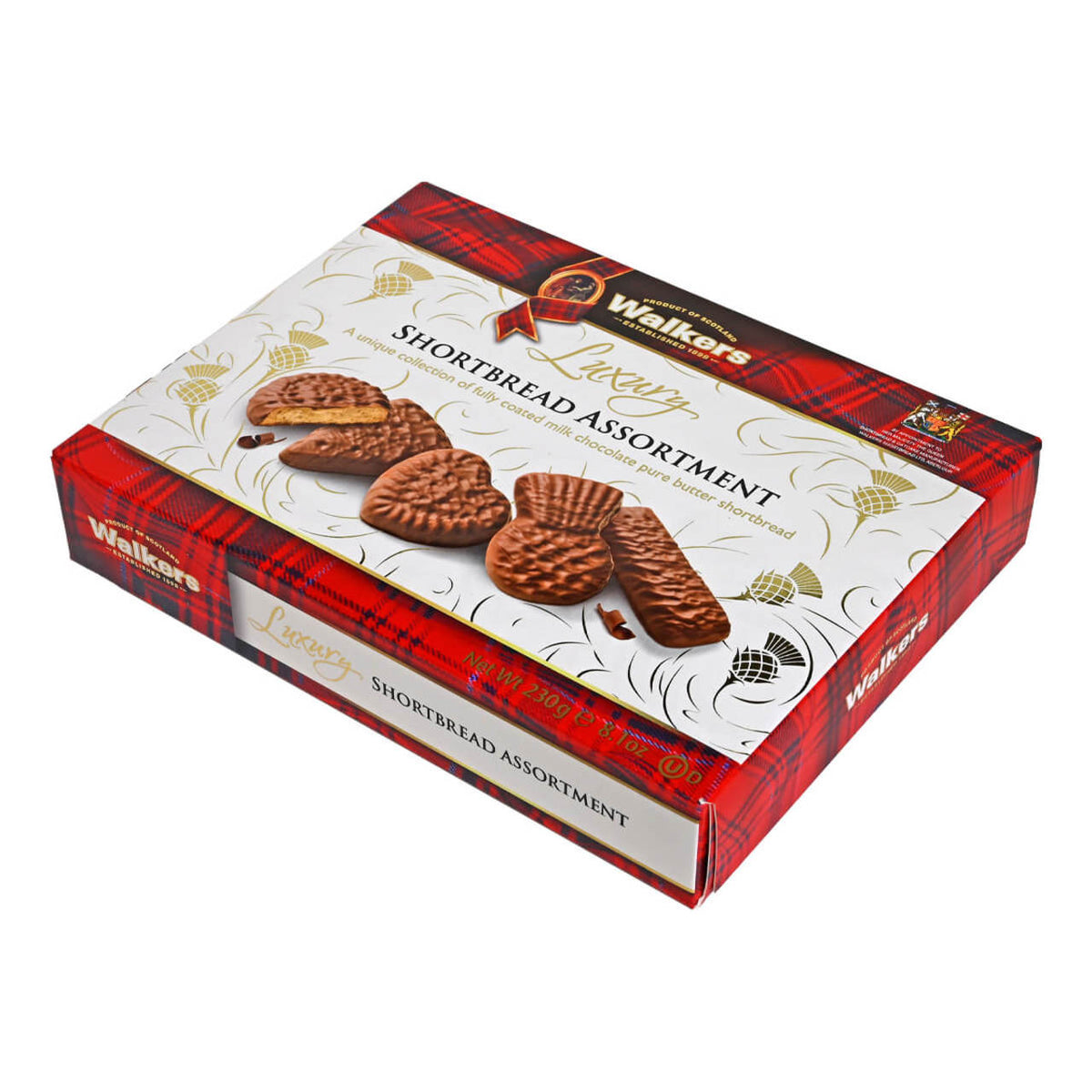 Box of Walkers Luxury Shortbread Assortment with plaid design on a white background