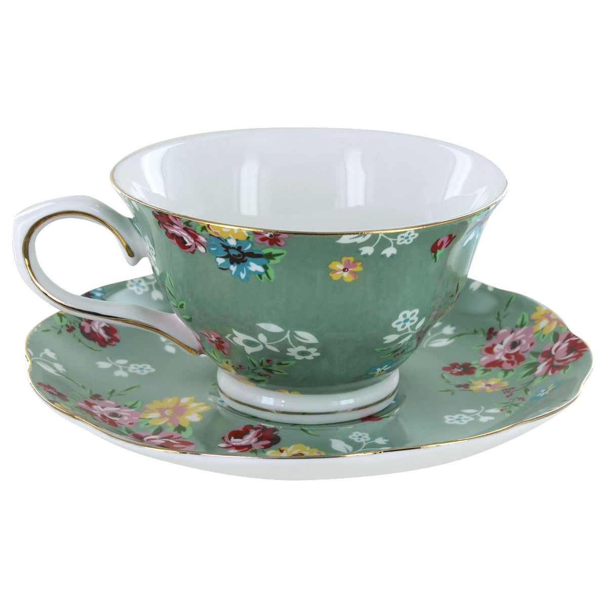 Teacup and saucer with floral design on a white background