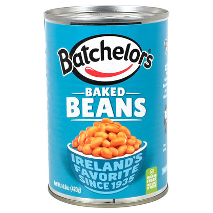 Can of Batchelors baked beans with blue label and brand logo.