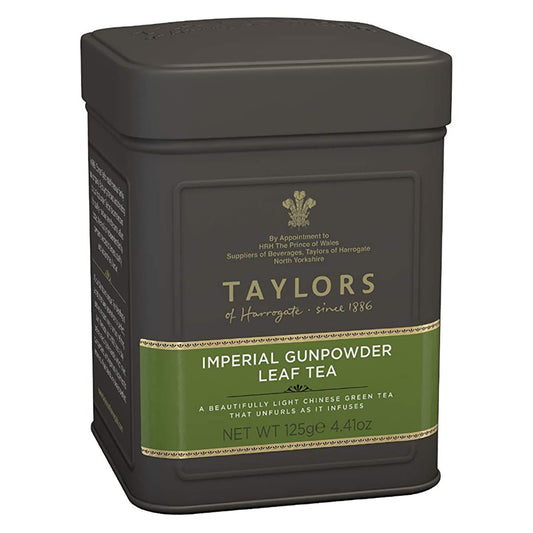Taylors of Harrogate Imperial Gunpowder Leaf Tea canister on a white background