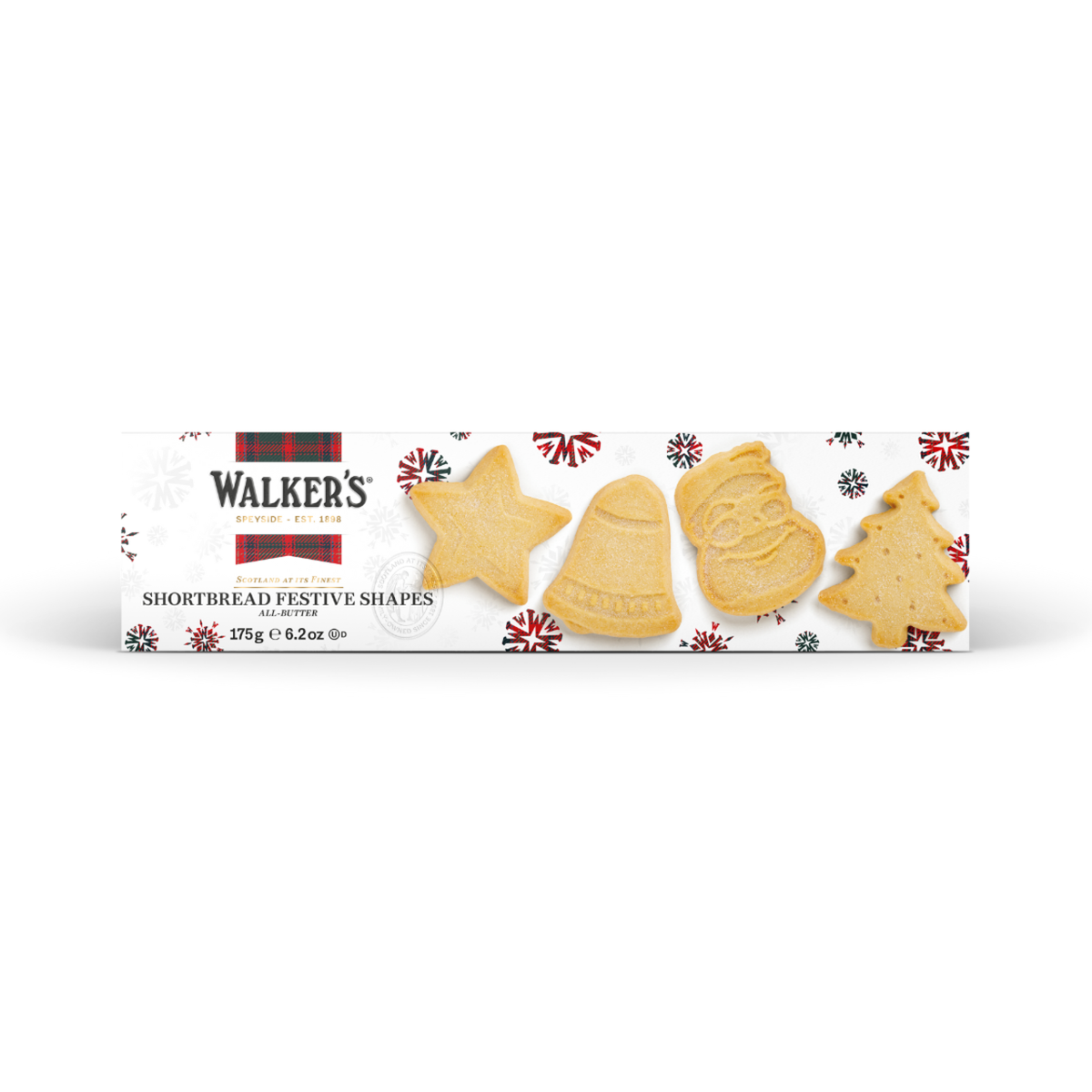 Box of Walkers shortbread festive shapes on a white background