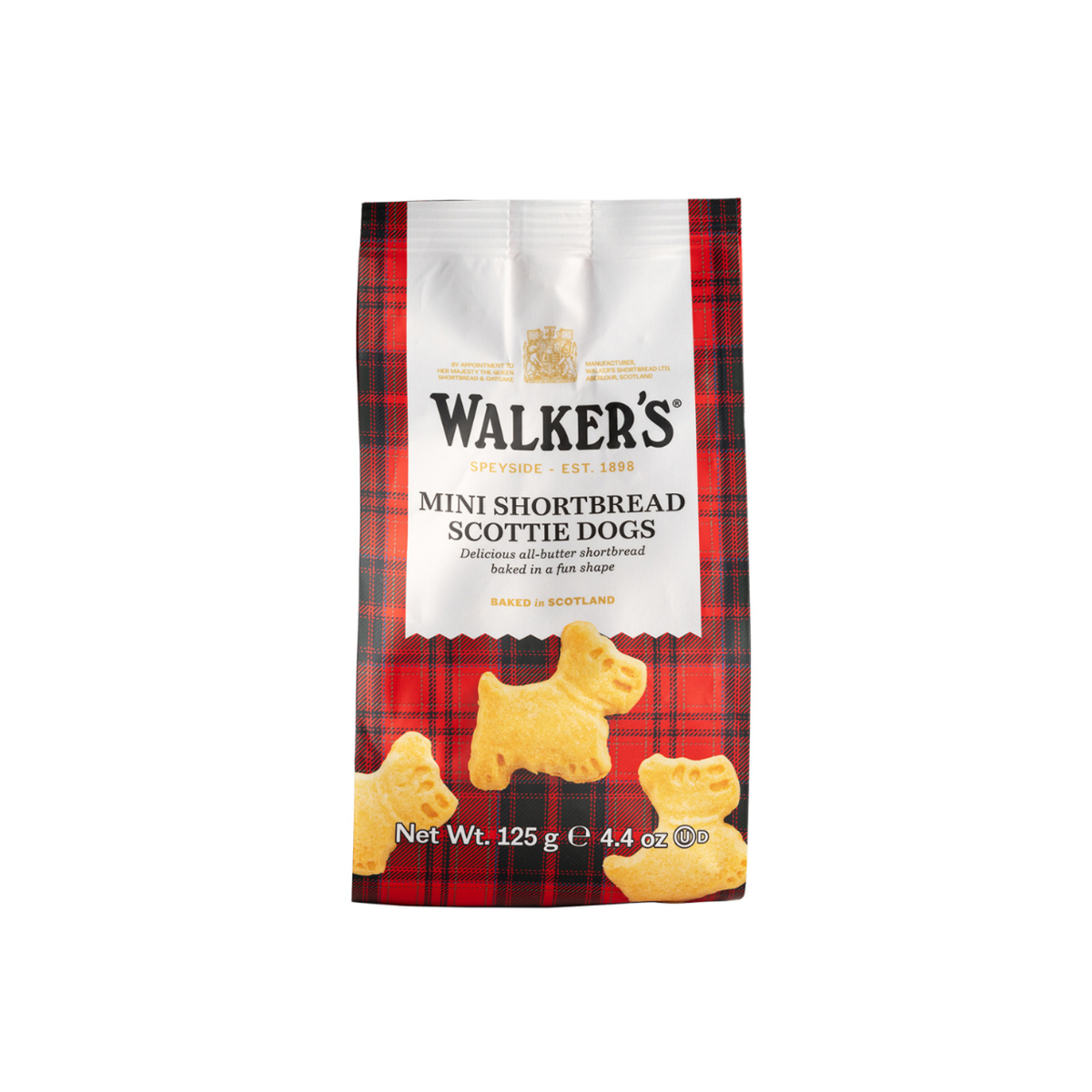 Pack of Walker's Mini Shortbread Scottie Dogs on a red plaid background