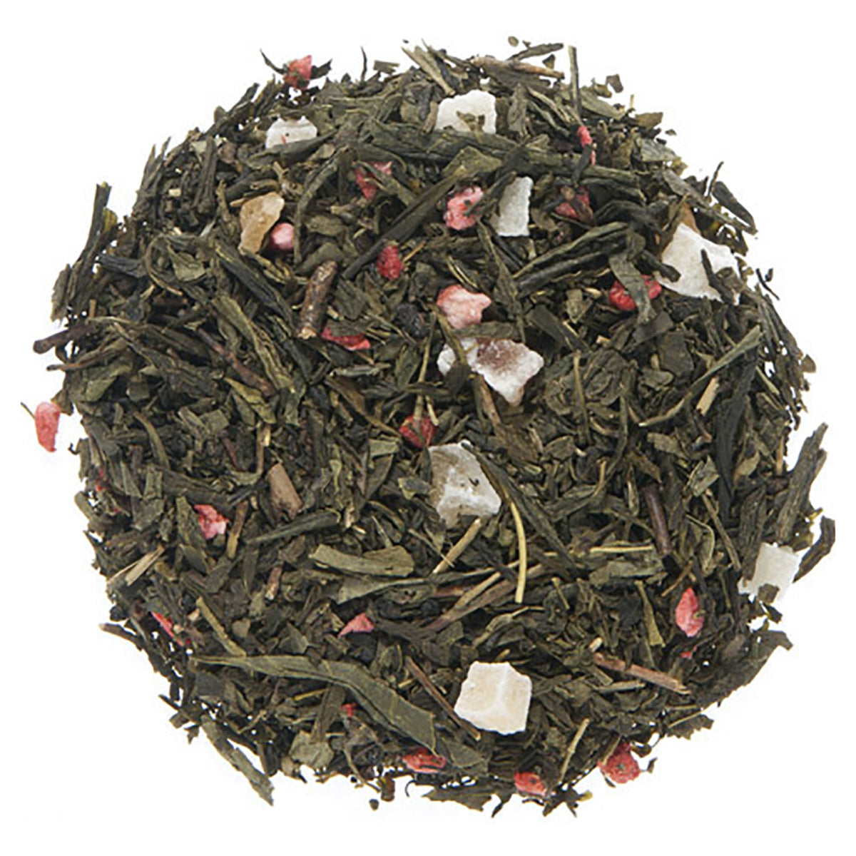 Green Tea leaves with visible petals and dry strawberry pieces on a white background