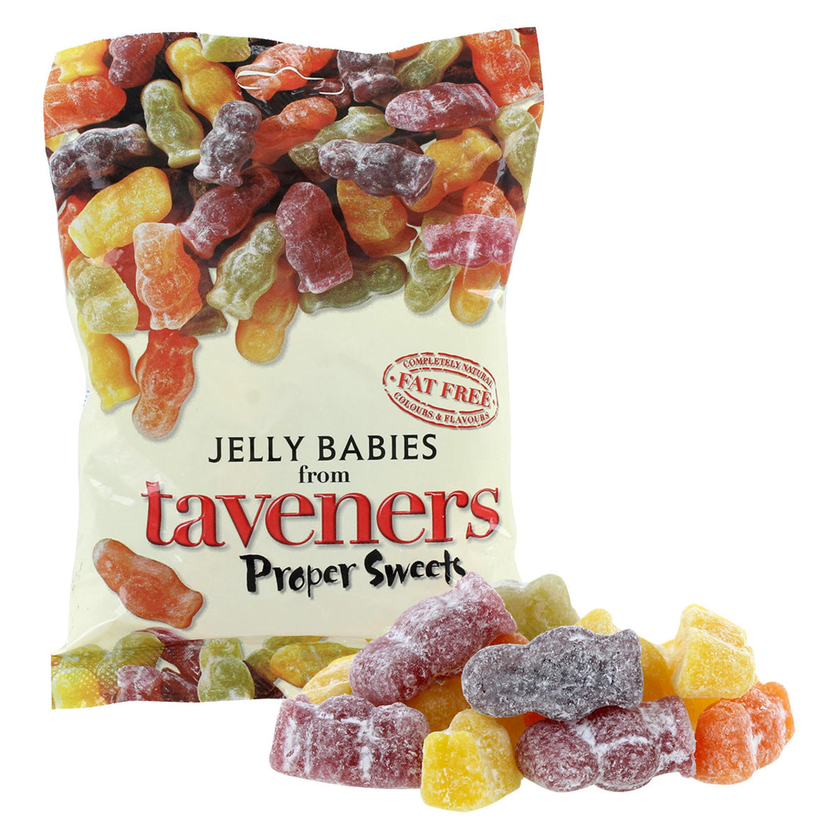 Bag of Taveners Jelly Babies with colorful jelly candy on a white background
