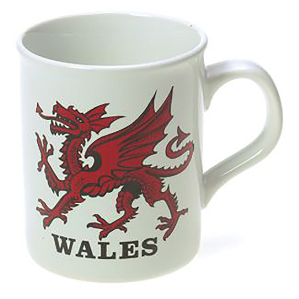 White mug with red dragon and 'Wales' text on a white background