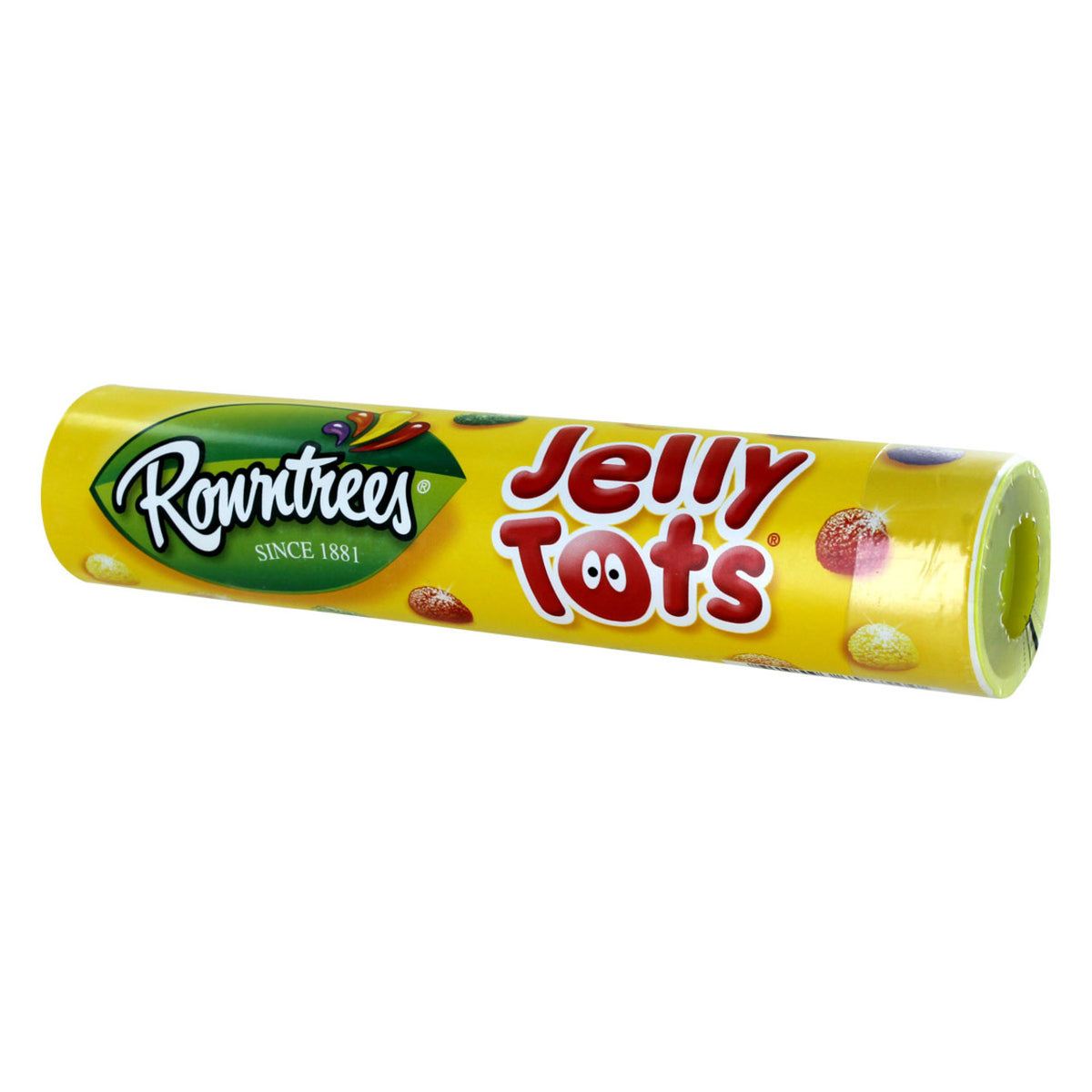 Yellow Rowntrees Jelly Tots packaging on a white background