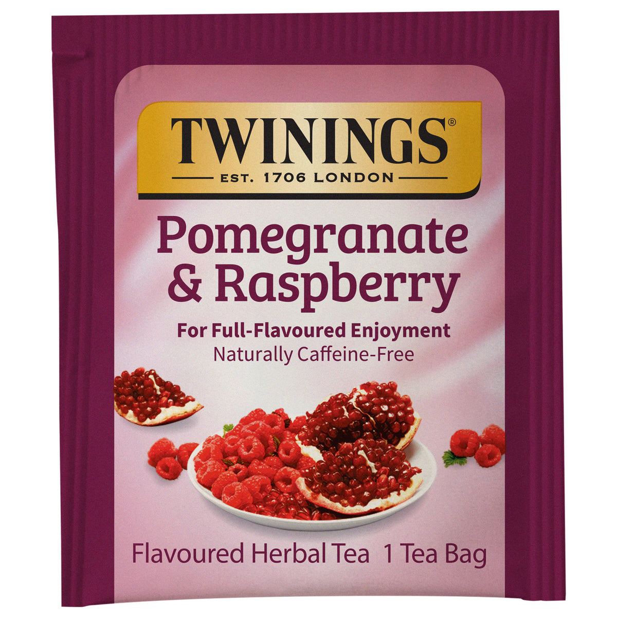 Twinings Pomegranate & Raspberry tea bag packaging on a white background