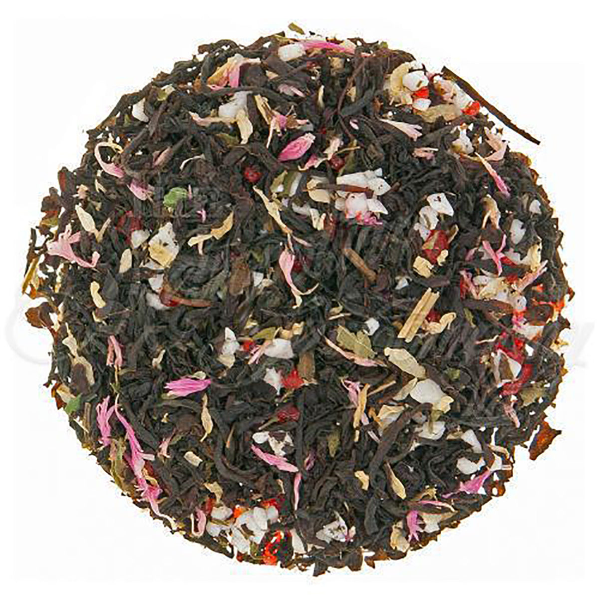 Tea ball with black tea leaves and floral elements on a white background