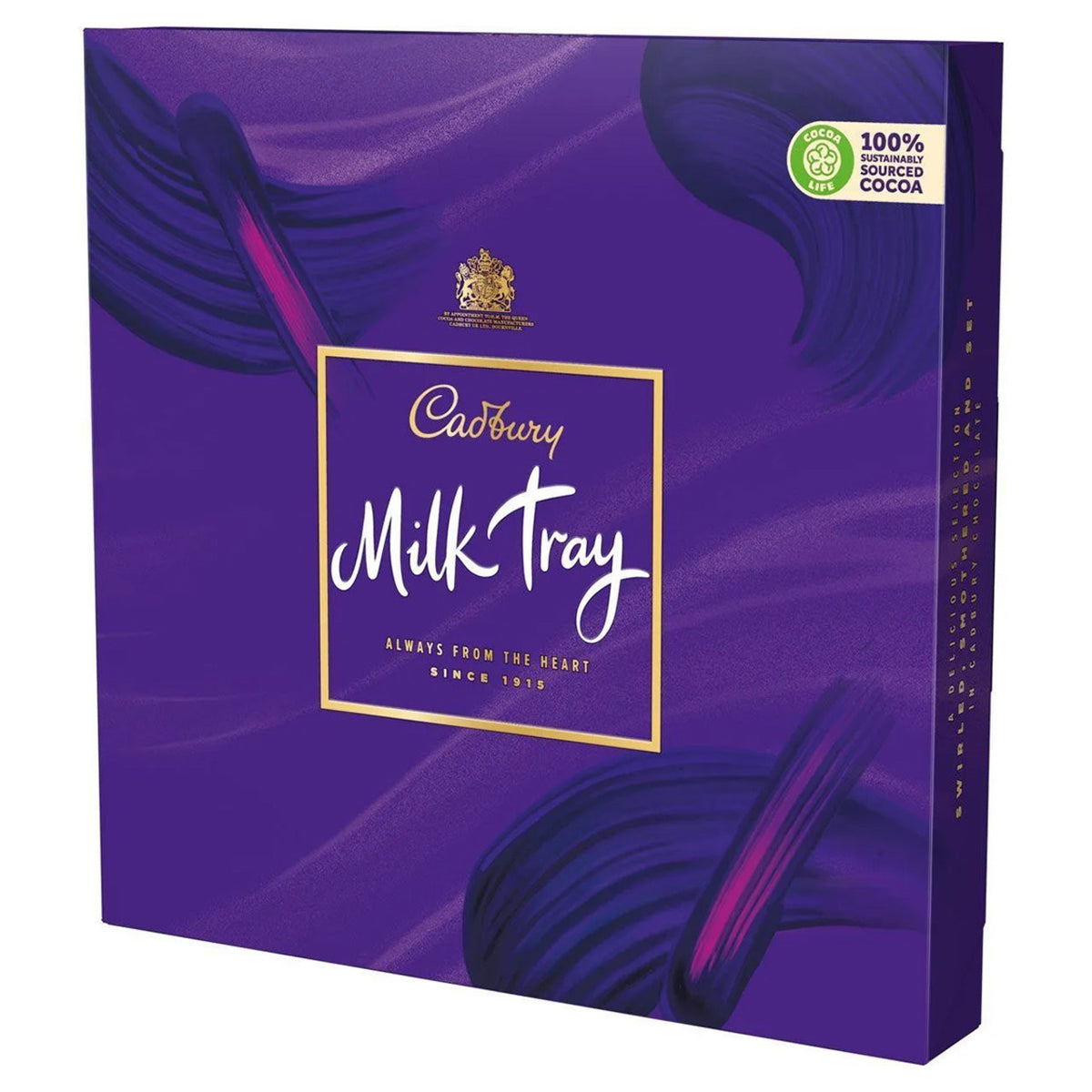 Cadbury Milk Tray chocolate box with purple design and gold text