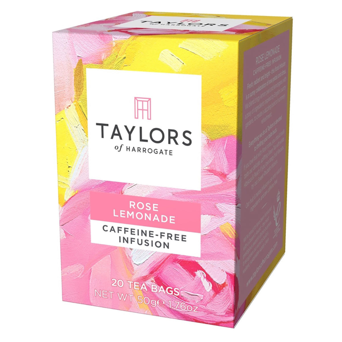 Box of Taylors of Harrogate Rose Lemonade tea on a white background