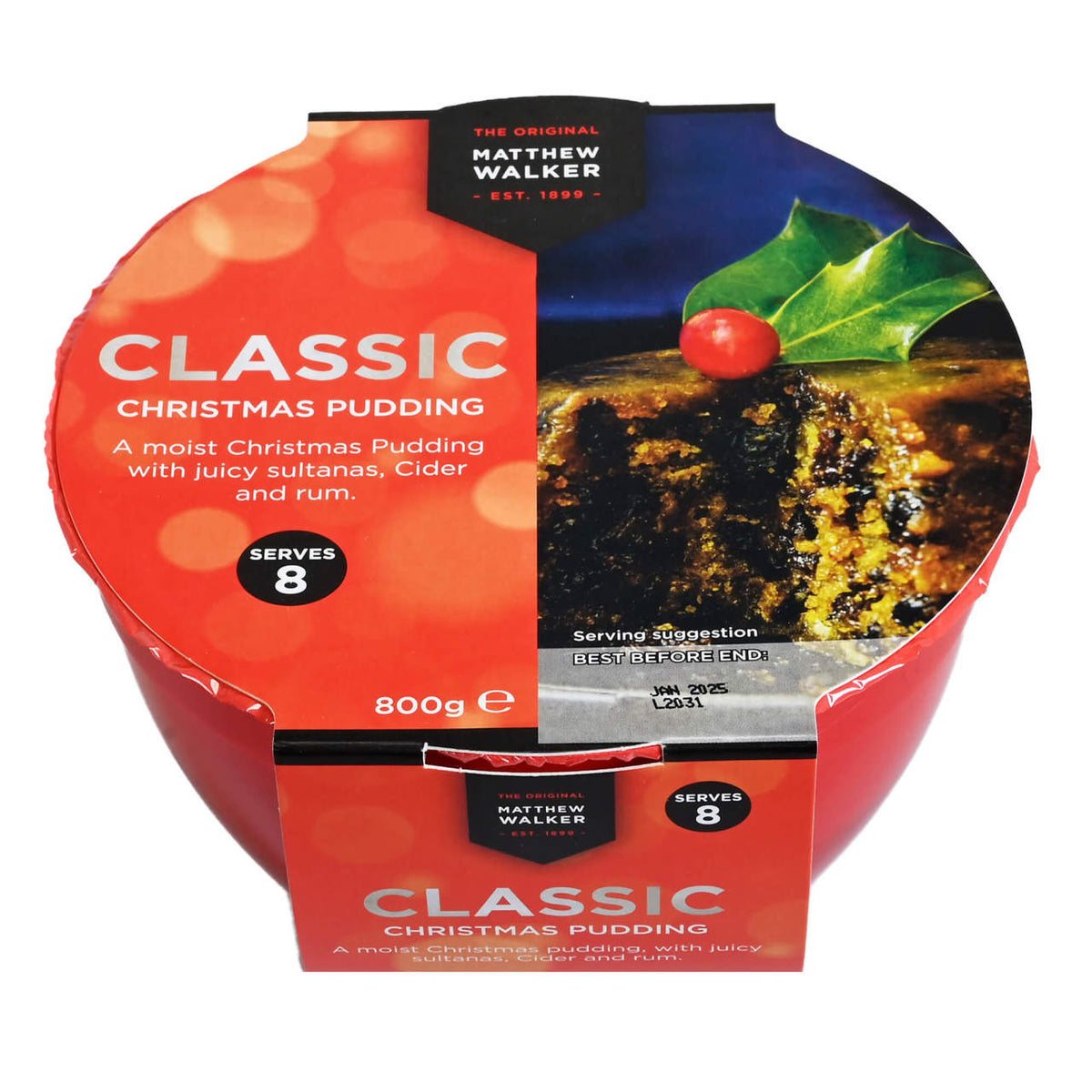 Packaged Matthew Walker Classic Christmas pudding with red label and holly decoration
