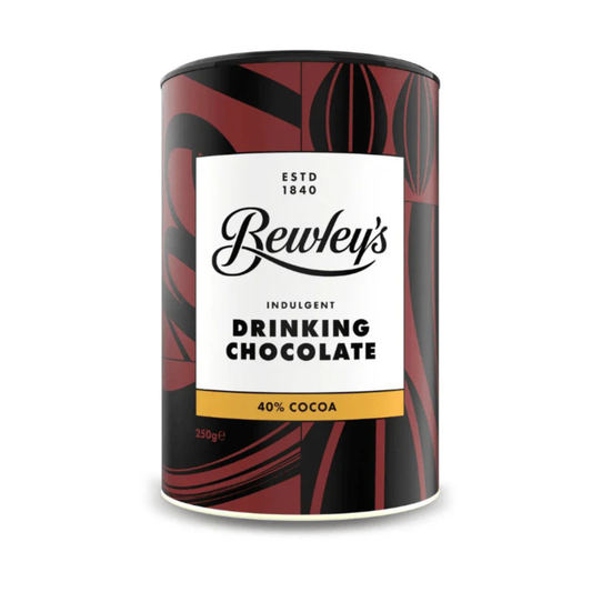 Bewley's drinking chocolate canister with red and black design on a white background