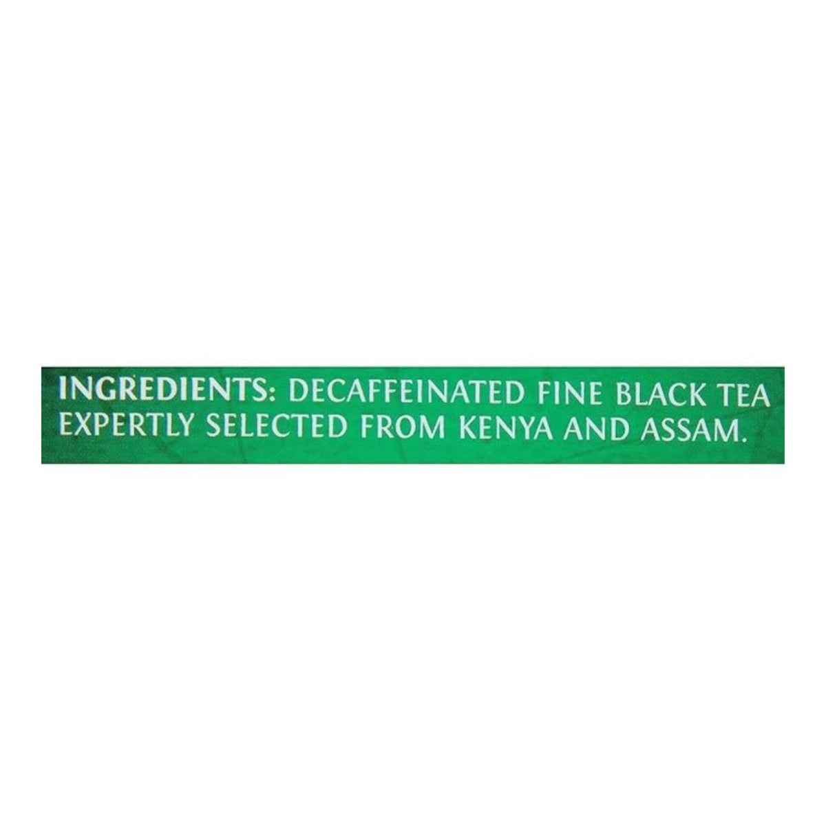 Text indicating decaffeinated fine black tea from Kenya and Assam on a white background