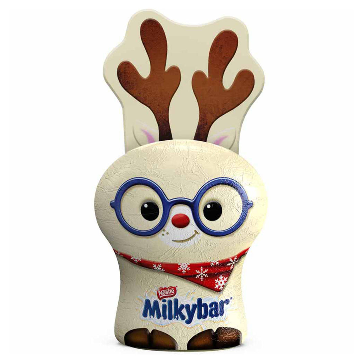 Milkybar reindeer-shaped chocolate bar with glasses and a red nose on a white background