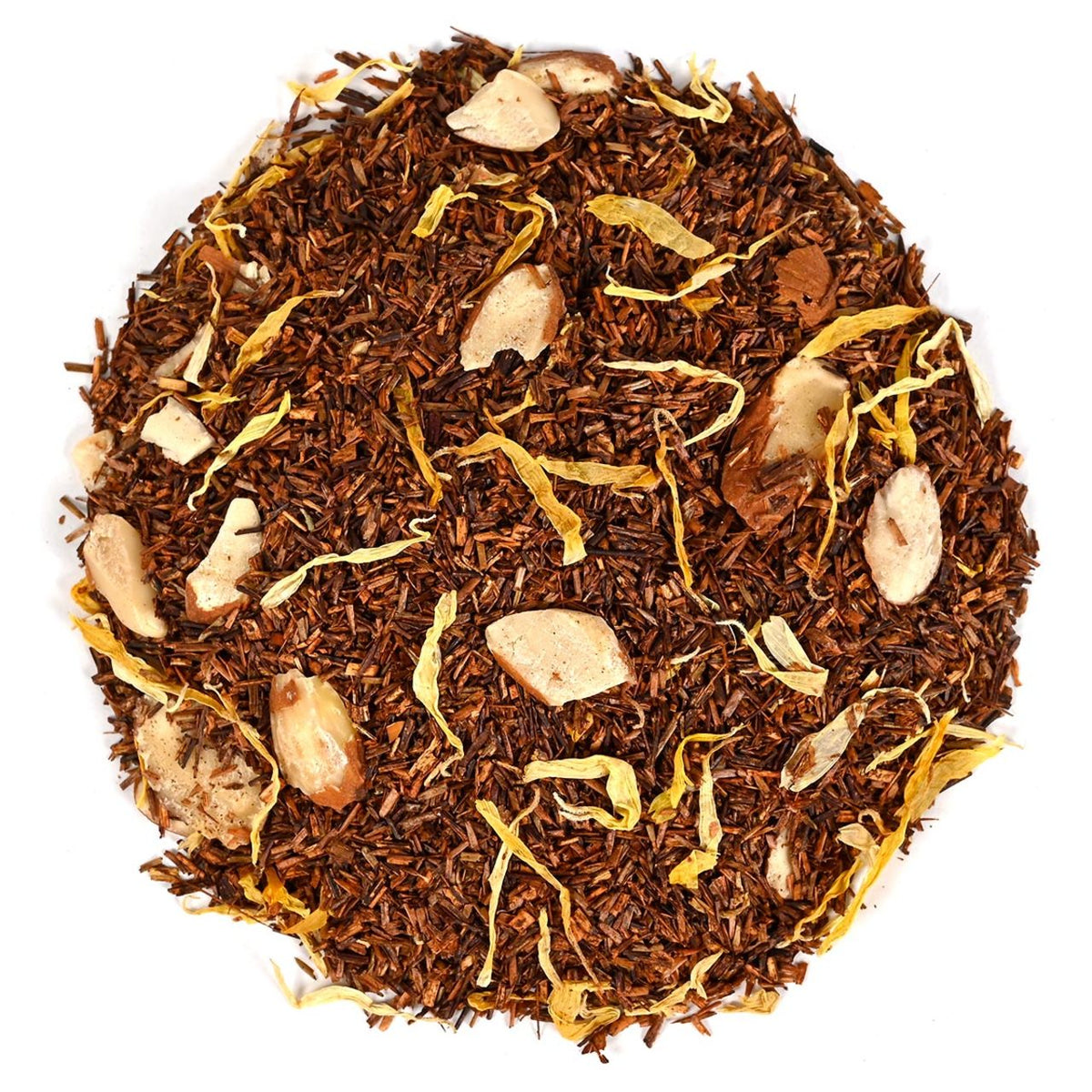 Brown Rooibos tea leaves, almond pieces, and calendula petals in a circular pattern on a white background.