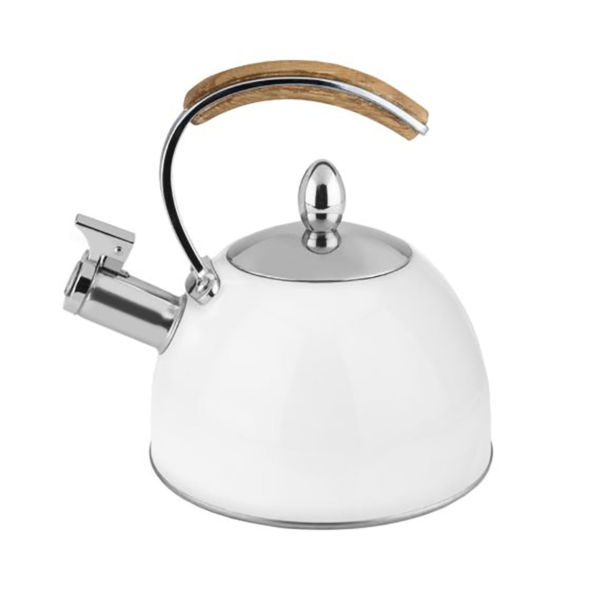 White tea kettle with a wooden handle on a white background