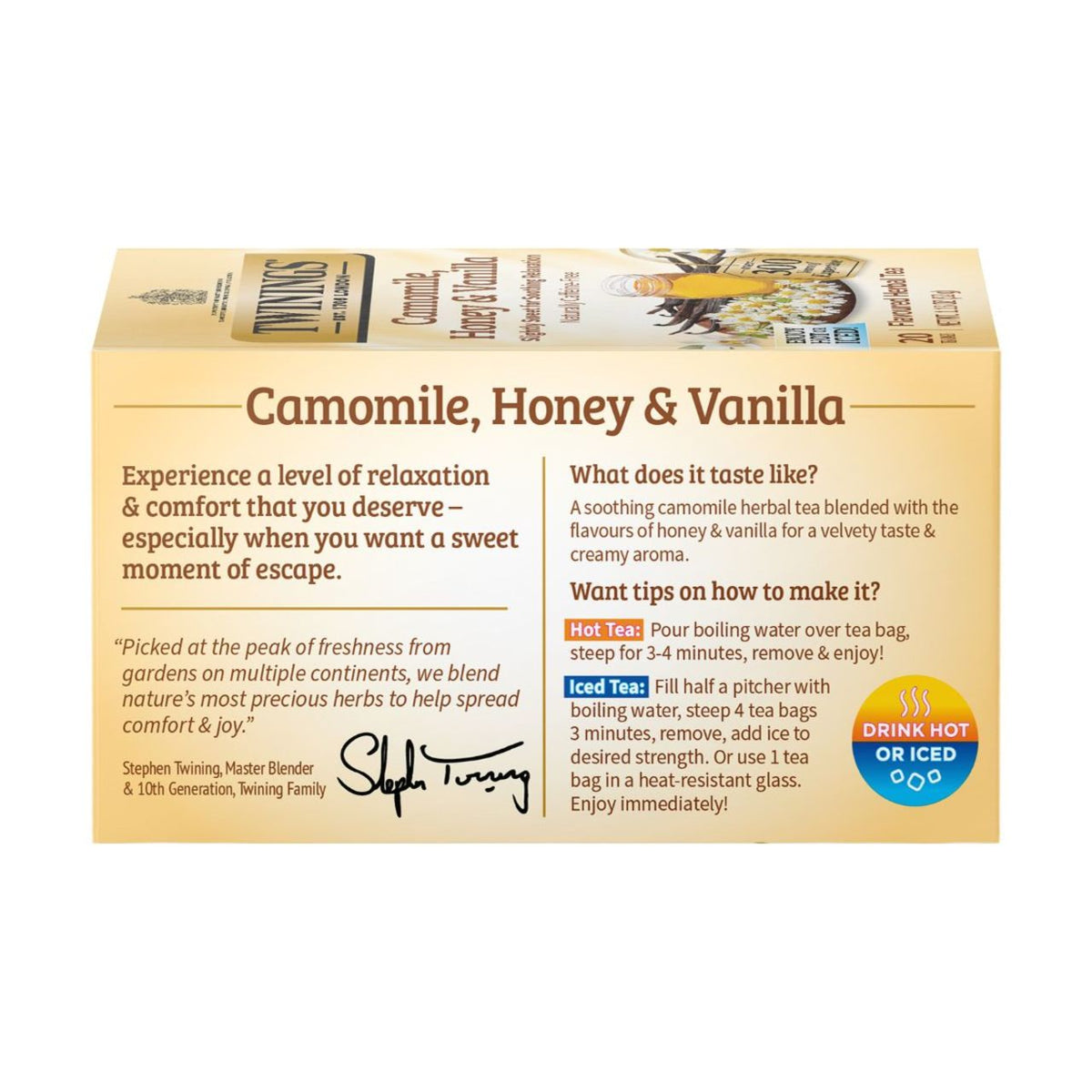 Tea box packaging for Camomile, Honey & Vanilla tea on a white background.