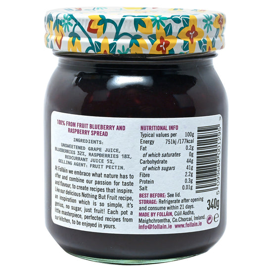 Jar of Folláin blueberry and raspberry fruit spread with a colorful lid and nutritional label on a white background