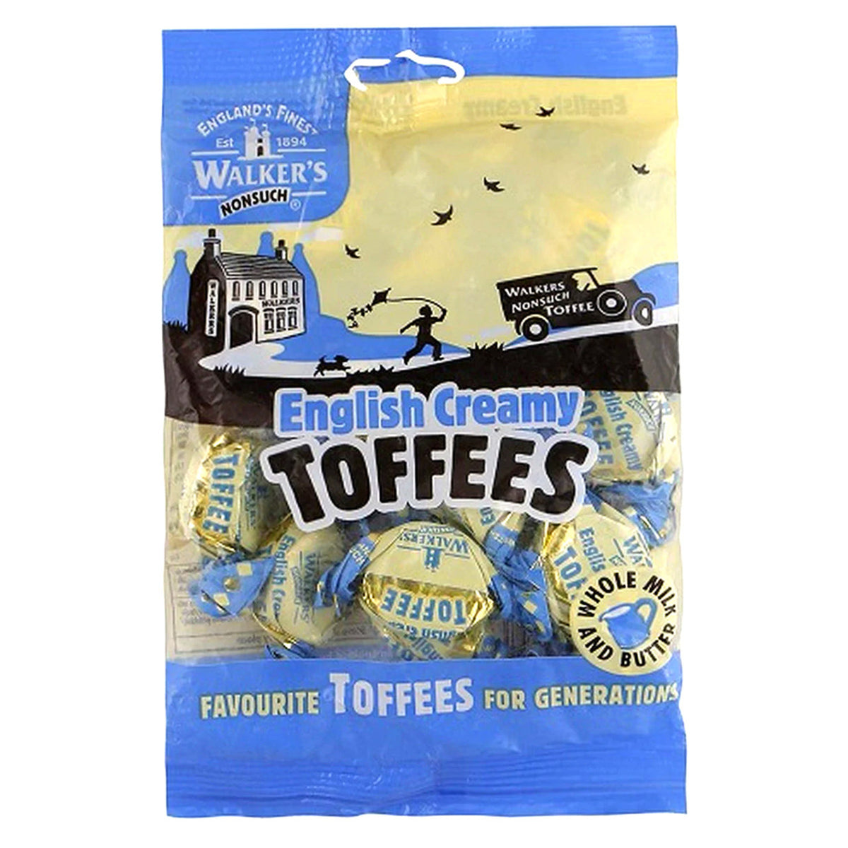 Packaging of Walker's English Creamy Toffees with blue and yellow design.