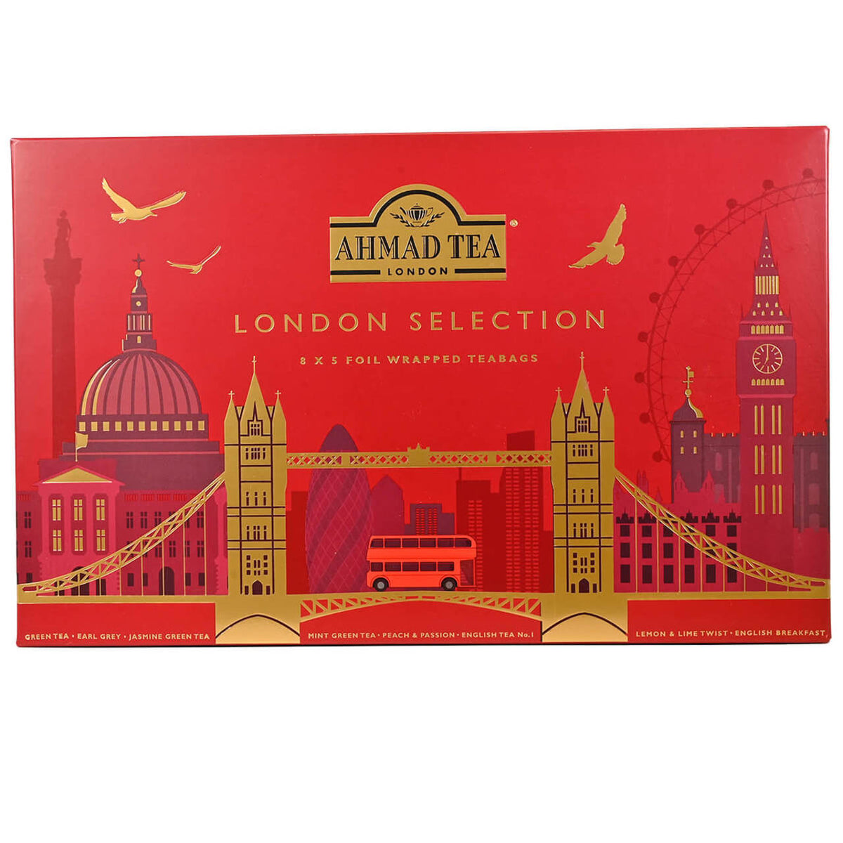 Red Box of Ahmad Tea London Selection tea bags with gold images of London landmarks including the London Bridge