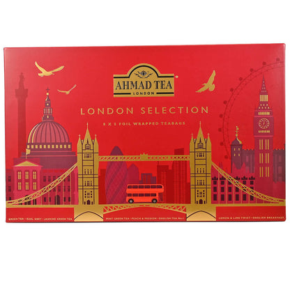 Red Box of Ahmad Tea London Selection tea bags with gold images of London landmarks including the London Bridge