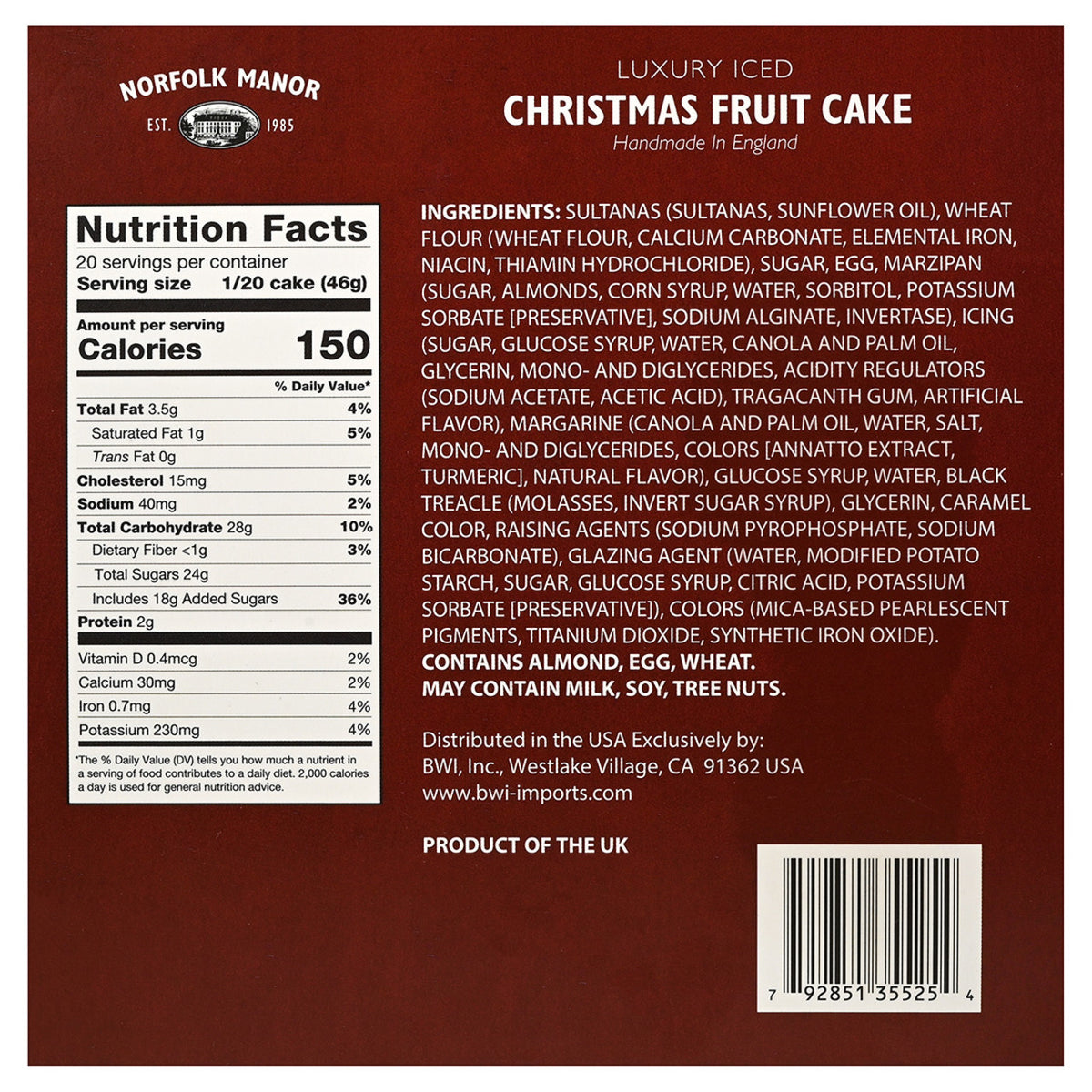 Back of a red box of Norfolk Manor Christmas Fruit Cake with nutrition facts and ingredients.
