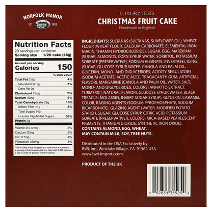 Back of a red box of Norfolk Manor Christmas Fruit Cake with nutrition facts and ingredients.