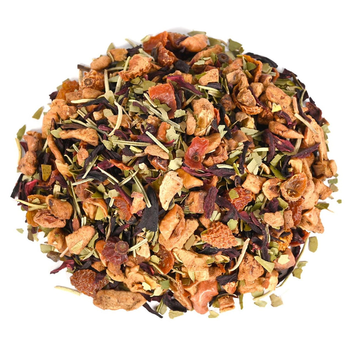 Loose herbal tea blend featuring large chunks of dried apple and citrus pieces mixed with dark red hibiscus petals, green herbs, and rosemary needles.