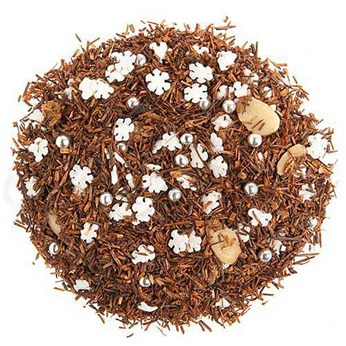 Tea blend with brown leaves, white flowers, and small beige and silver elements on a white background