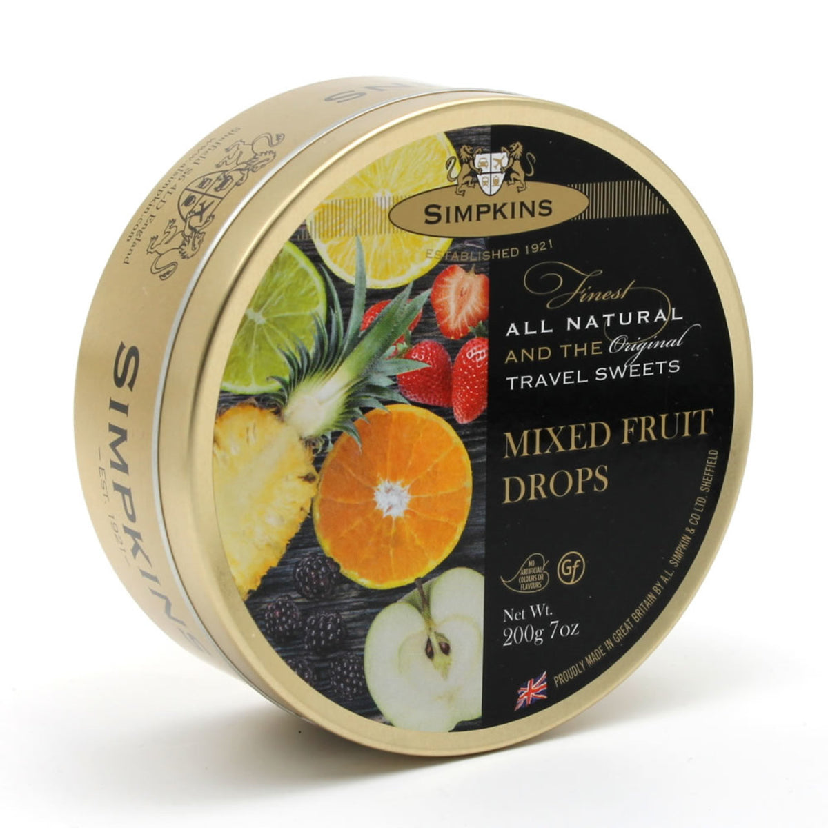 Simpkins mixed fruit drops tin with fruit illustrations on a white background