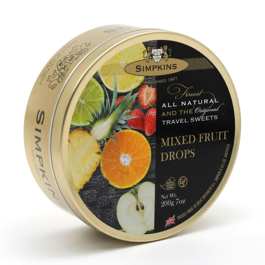 Simpkins mixed fruit drops tin with fruit illustrations on a white background