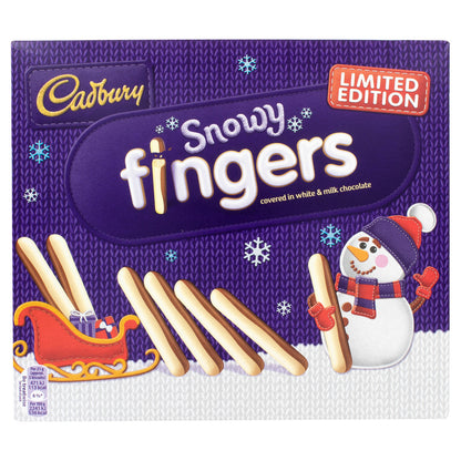 Cadbury Snowy Fingers chocolate packaging with a snowman and festive design.