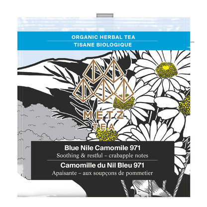Individually wrapped Blue Nile Camomile Tea with black and white drawings of camomile flowers with yellow centers