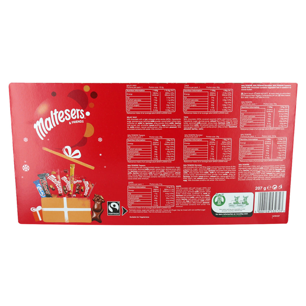 Maltesers & Friends chocolate packaging on a white background featuring nutrition information